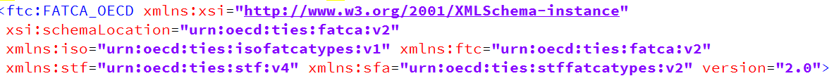 <ftc:FATCA_OECD xmlns:xsi='http://www.w3.org/2001/XMLSchema-instance' xsi:schemalocation='urn:oecd:ties:fatca:v2' xmlns:iso='urn:oecd:ties:isofatcatypes:1' xmlns:ftc='urn:oecd:ties:fatca:v2' xmlns:stf='urn